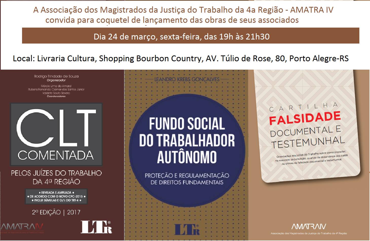 Participe nesta sexta-feira, 24/3, do coquetel de lançamento de obras de associados da AMATRA IV