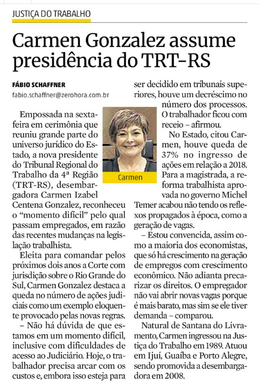 Em entrevista ao jornal Zero Hora, a presidente do TRT4  fala sobre a reforma trabalhista.