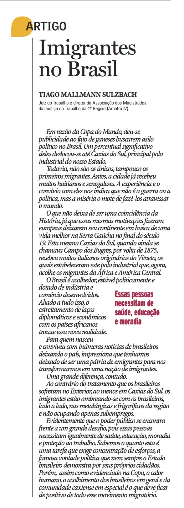 Artigo do diretor da AMATRA IV publicado no Jornal Pioneiro
