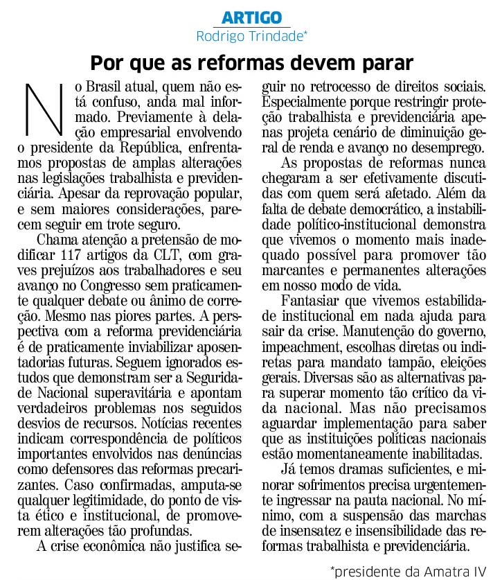 Por que as reformas devem parar: artigo no Correio do Povo