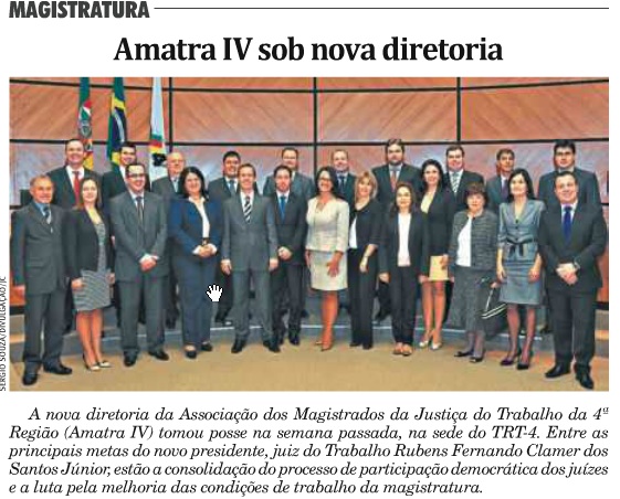 Notícia sobre posse da nova diretoria da AMATRA é publicada no Jornal do Comércio.