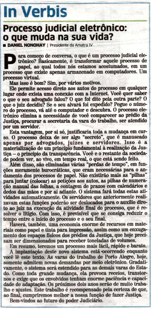 Processo Judicial Eletrônico: o que muda na sua vida? Assunto é tema de artigo publicado pela AMATRA IV no Correio do Povo