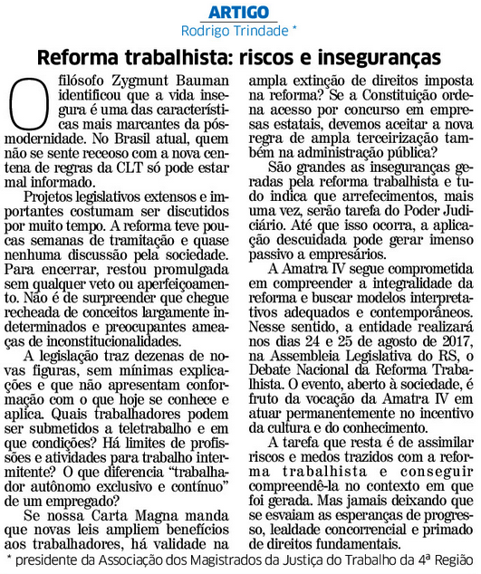 Artigo do presidente da AMATRA IV destaca os riscos da reforma trabalhista