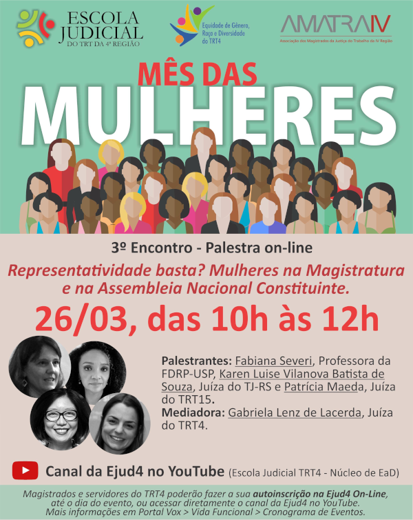 Palestra nesta sexta-feira (26/3) sobre representatividade institucional feminina integra programação do Mês da Mulher no TRT-RS
