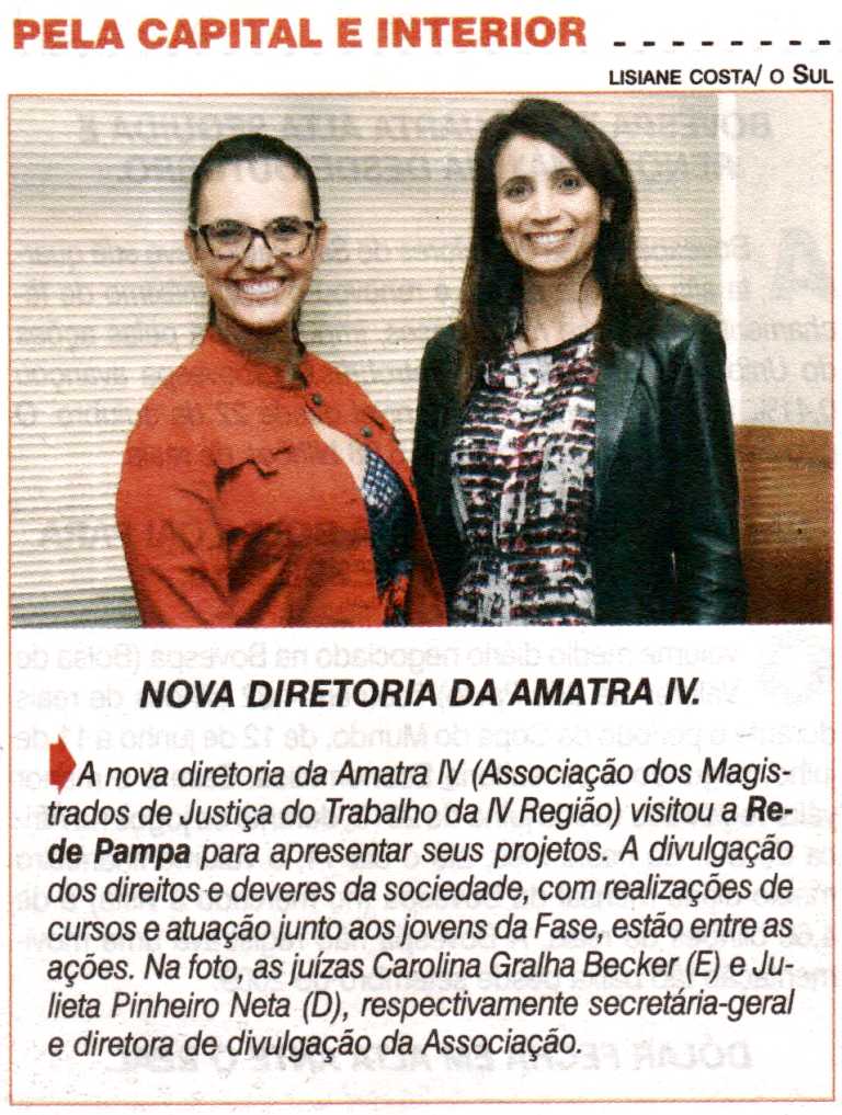 Nova diretoria da AMATRA IV é destaque no Jornal O Sul