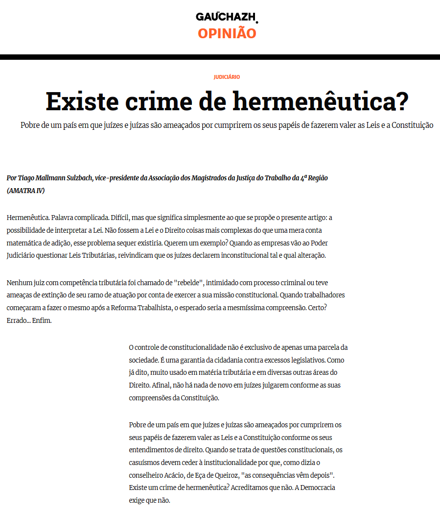 AMATRA na mídia: artigo no jornal Zero Hora