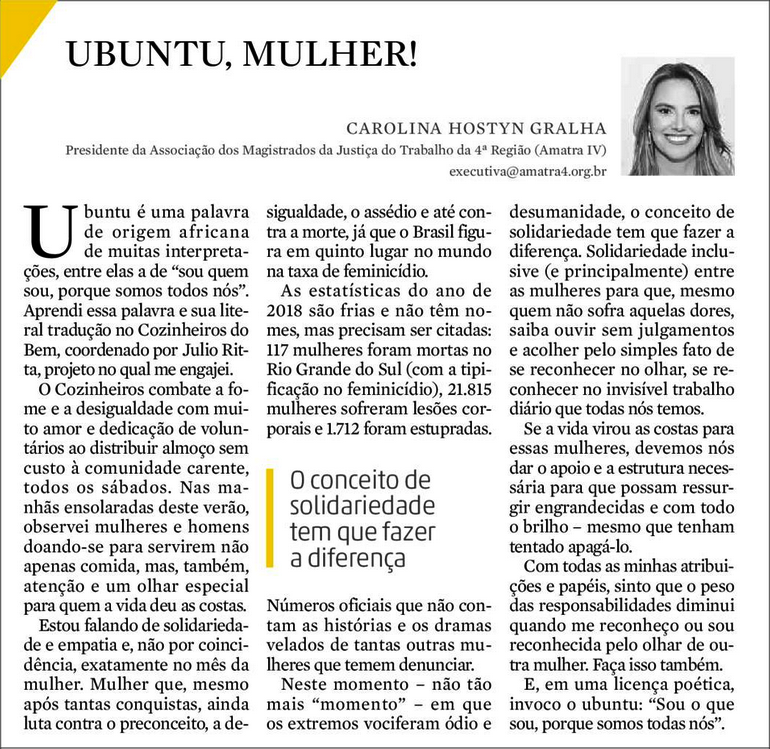 Dia Internacional da Mulher: artigo da presidente da AMATRA IV
