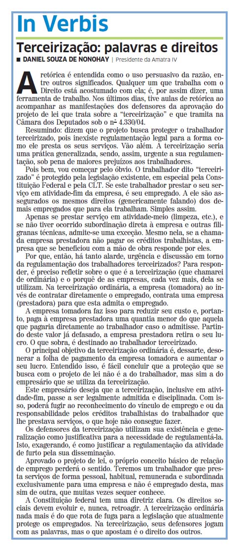 Terceirização é tema de dois artigos publicados na imprensa pela AMATRA