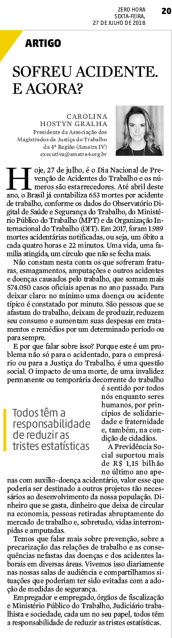 Artigo da presidente da AMATRA IV no jornal Zero Hora