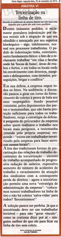 Artigo publicado no jornal O Sul, dia 25/11, veiculado na coluna da AMATRA IV