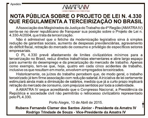 Nota Pública - ZERO HORA  14-4-2015