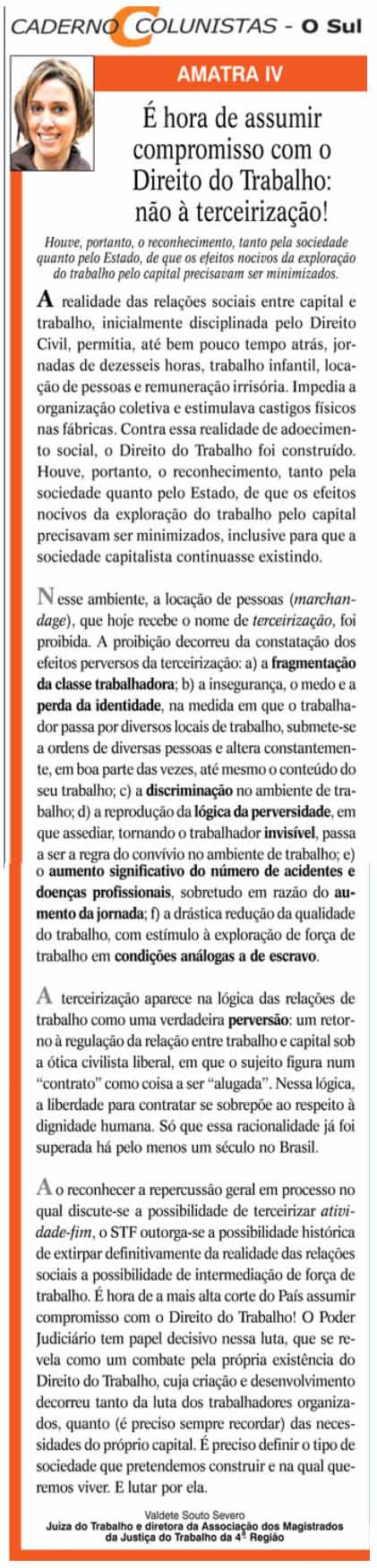Artigo no Jornal O Sul  sobre terceirização
