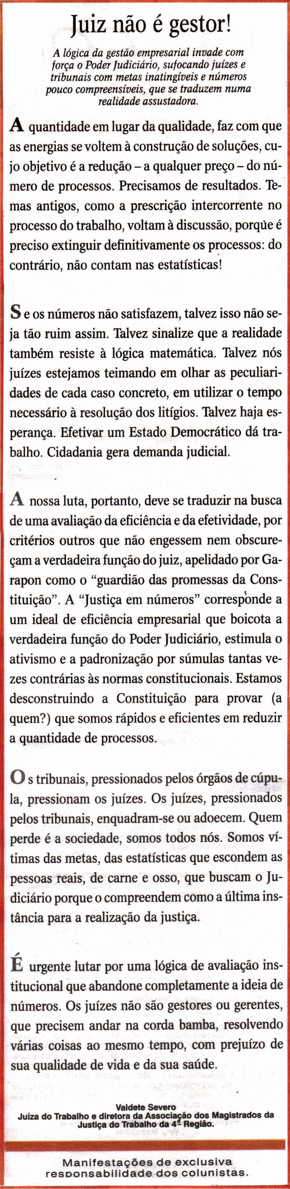 Juiz não é gestor