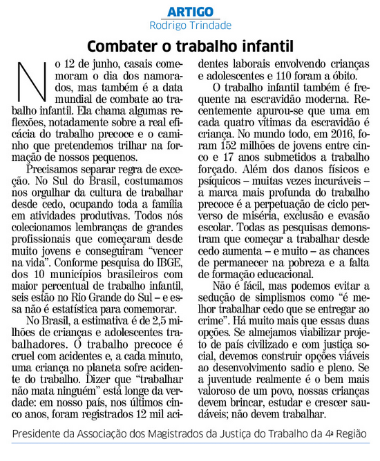 Presidente da AMATRA assina artigo sobre o trabalho infantil