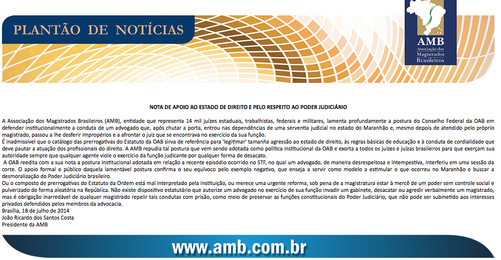 NOTA DE APOIO AO ESTADO DE DIREITO E PELO RESPEITO AO PODER JUDICIÁRIO