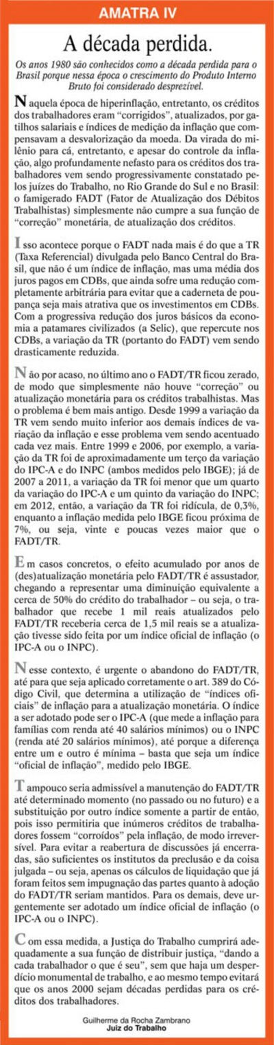 Artigo publicado no jornal O Sul, dia 17/9, veiculado na coluna da AMATRA IV