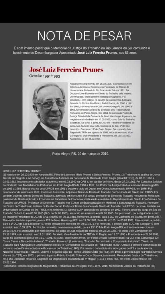 Nota de pesar: falecimento do desembargador José Luiz Ferreira Prunes