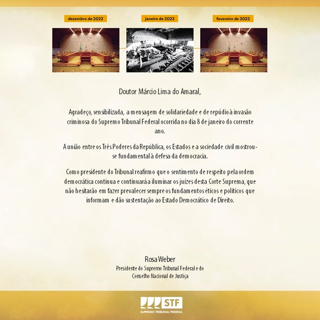 Presidente do STF, ministra Rosa Weber, envia manifestação à AMATRA