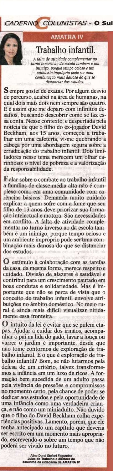 Artigo no Jornal O Sul trata sobre o trabalho infantil