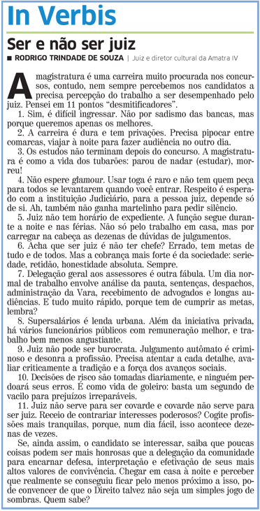 "Ser e não ser juiz", de autoria do magistrado Rodrigo Trindade de Souza.